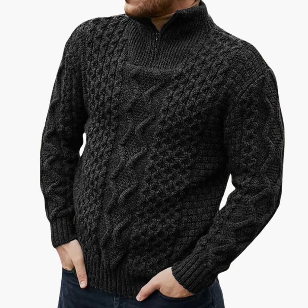 Pull torsadé pour homme avec demi zip et col côtelé
