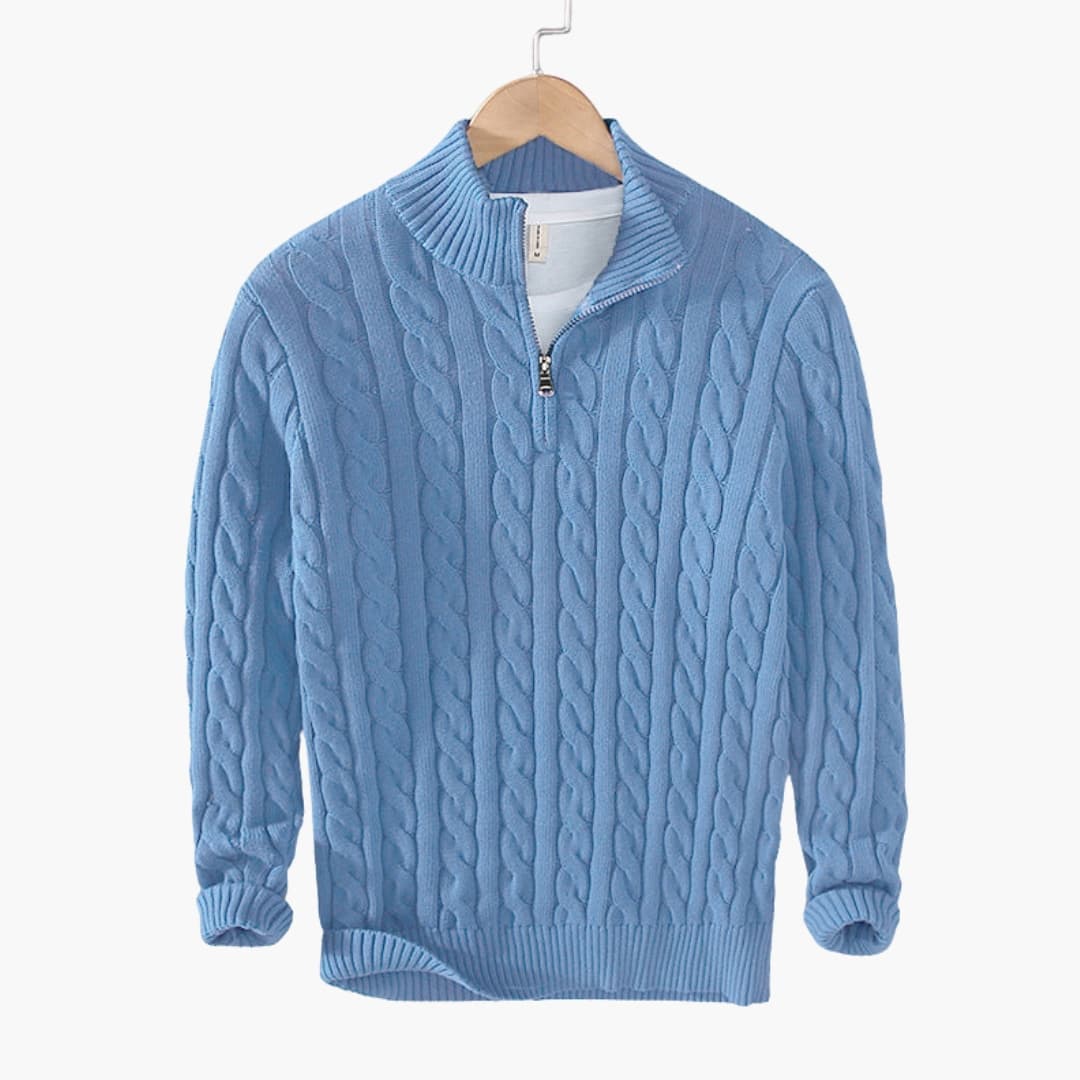 Pull torsadé pour homme avec demi zip et ourlet côtelé