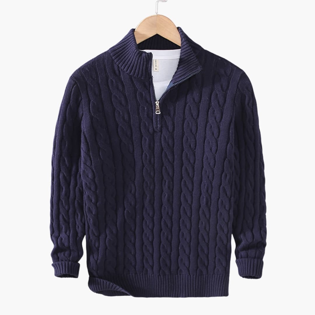Pull torsadé pour homme avec demi zip et ourlet côtelé