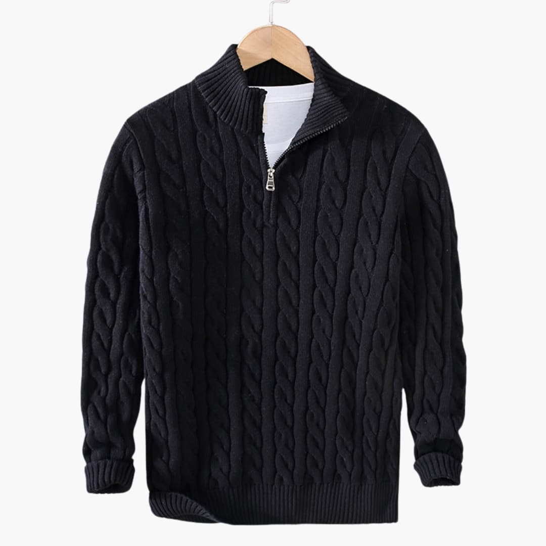 Pull torsadé pour homme avec demi zip et ourlet côtelé