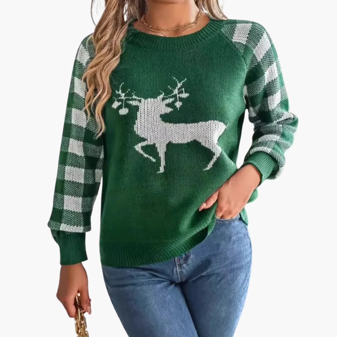 Pull tricoté femme à col rond avec motif renne