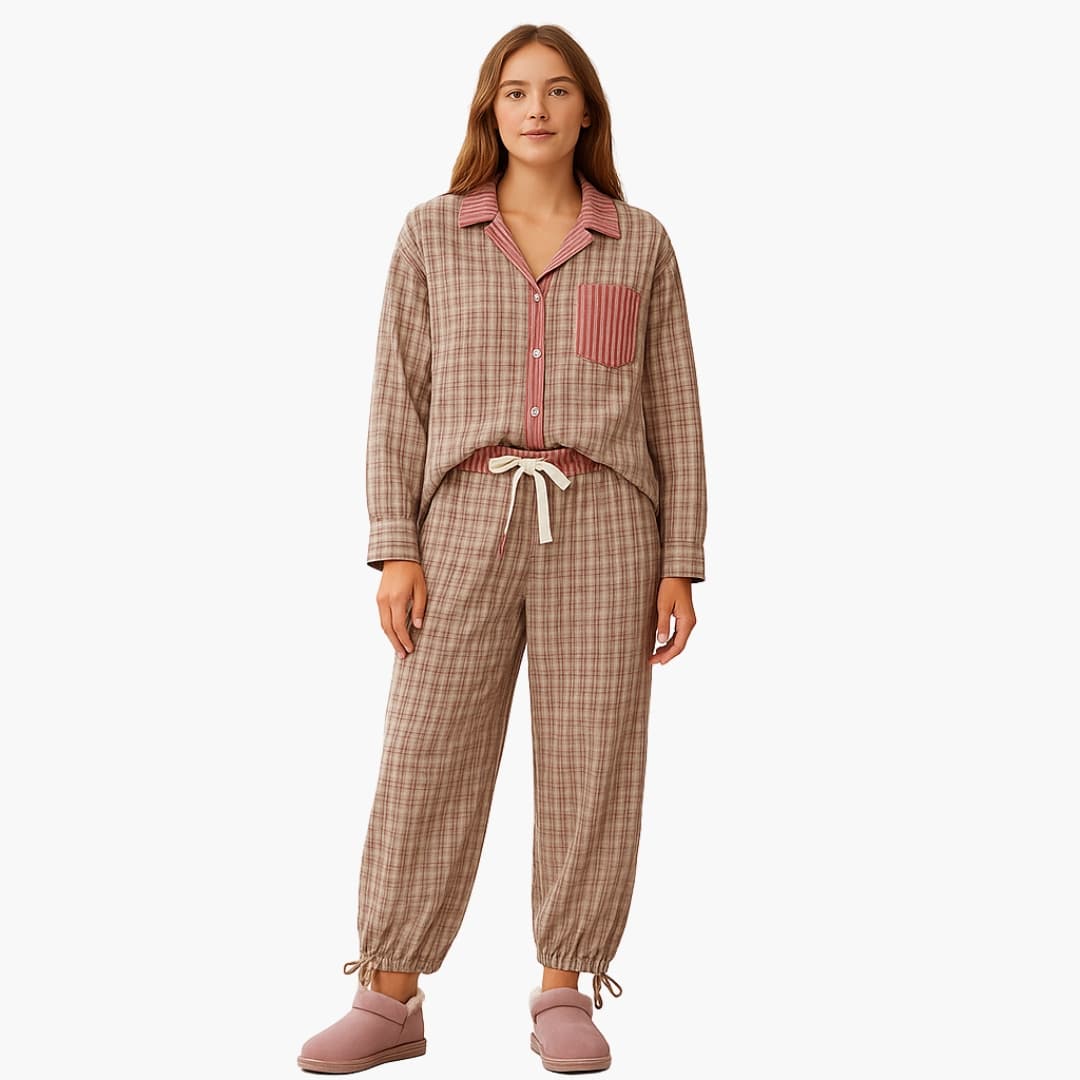 Pyjama deux pièces pour femme à motif rayé et col à carreaux