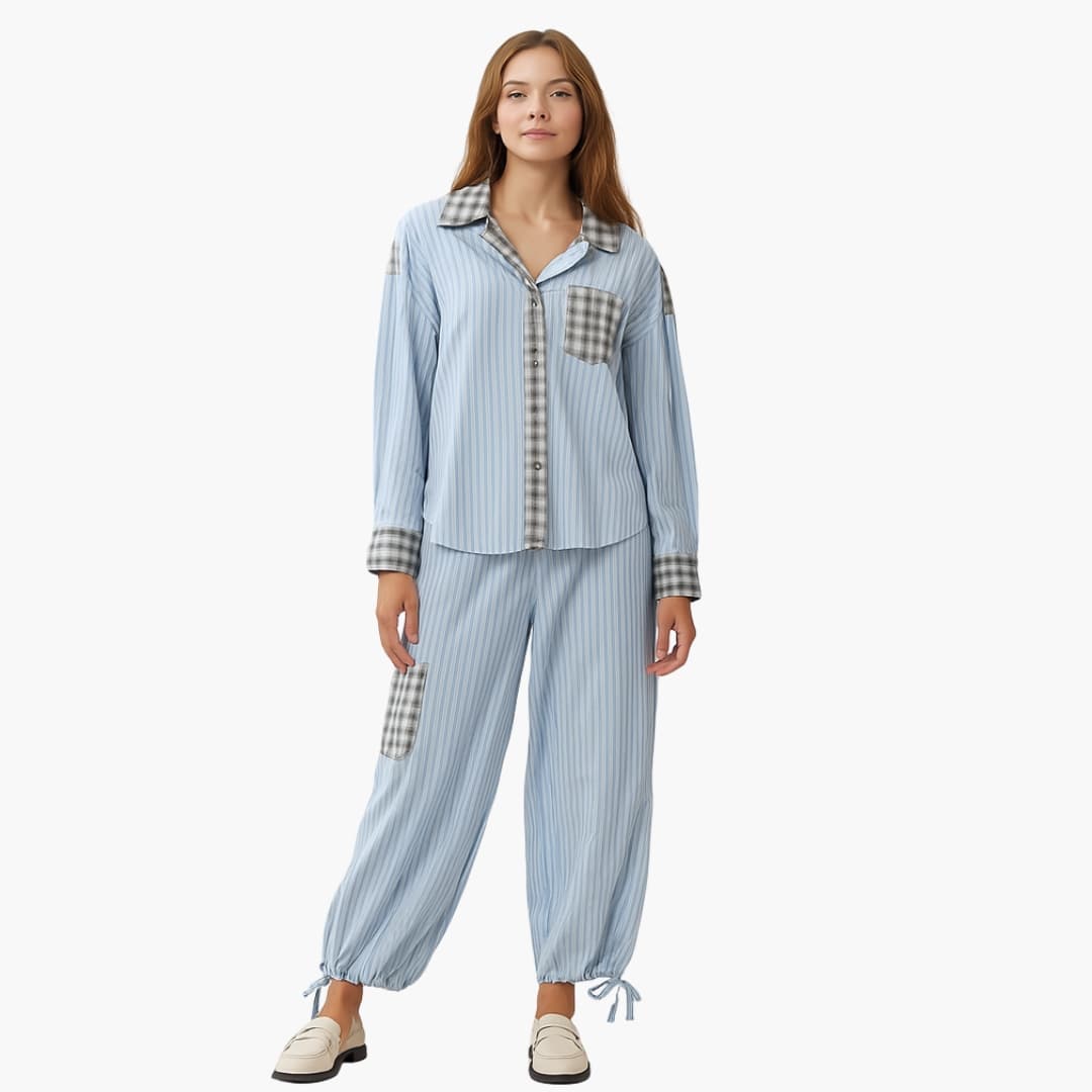 Pyjama deux pièces pour femme à motif rayé et col à carreaux