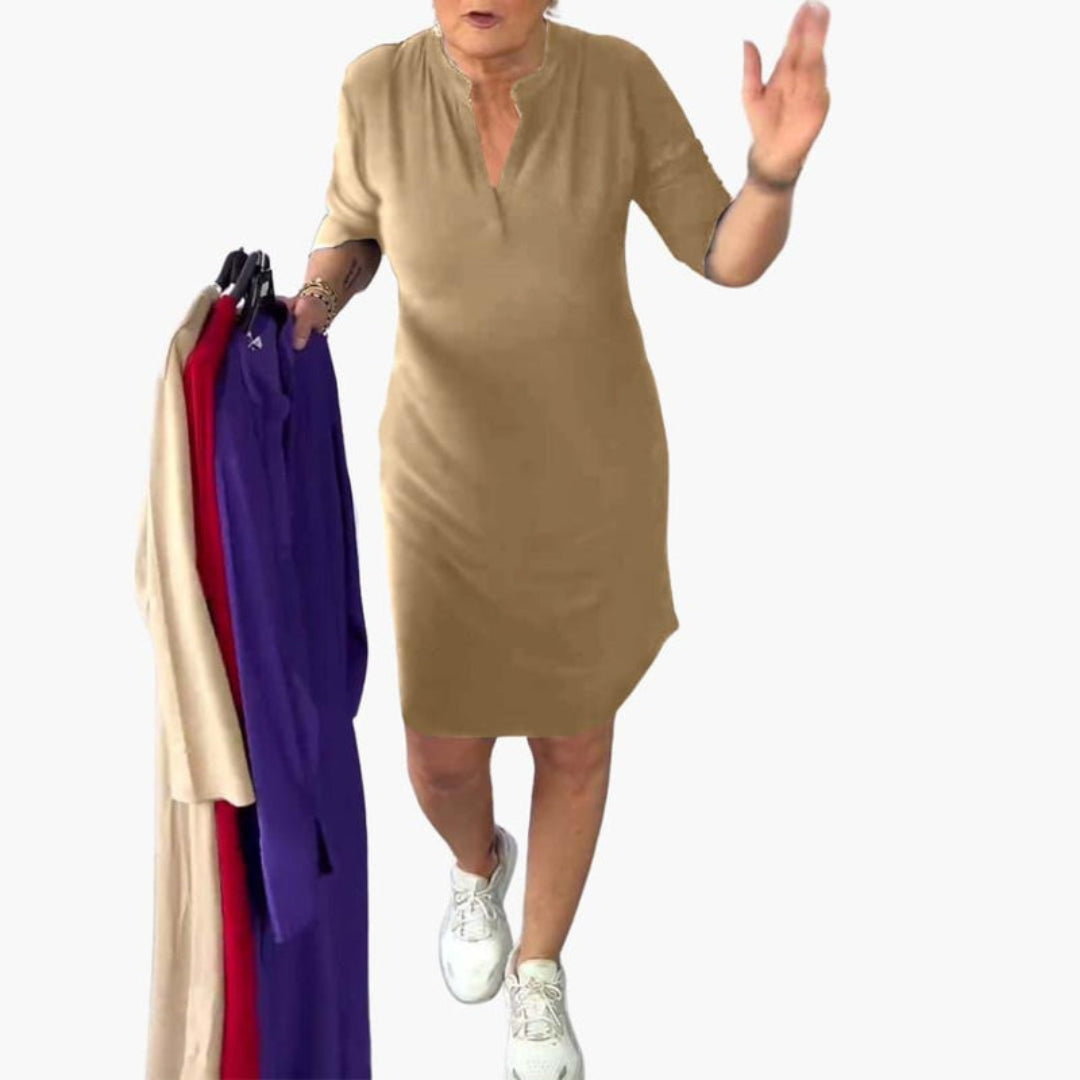 Women's Dress with V-Neck, Pockets, and Short Sleeves
