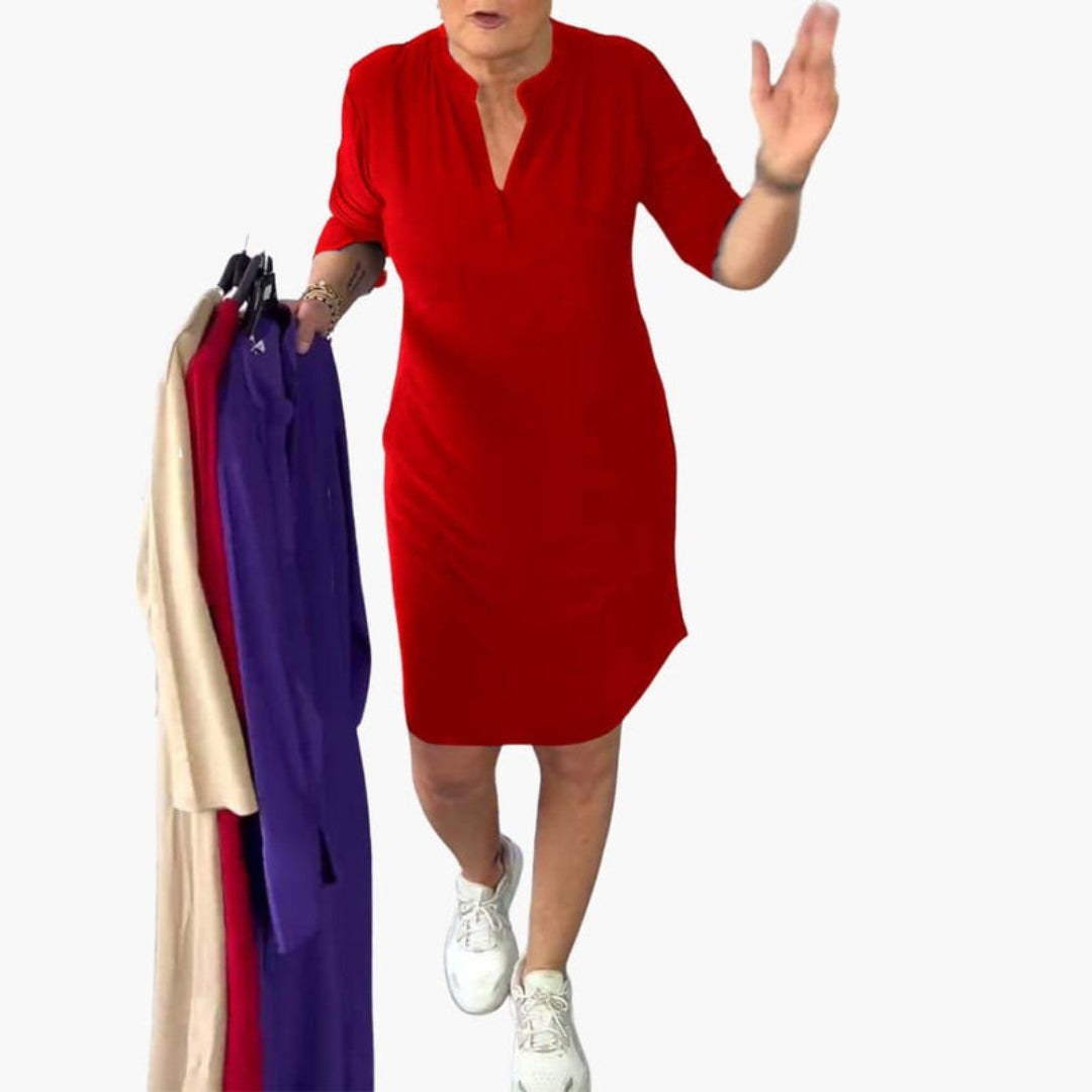 Women's Dress with V-Neck, Pockets, and Short Sleeves