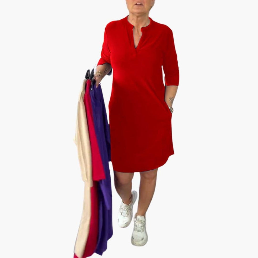 Women's Dress with V-Neck, Pockets, and Short Sleeves