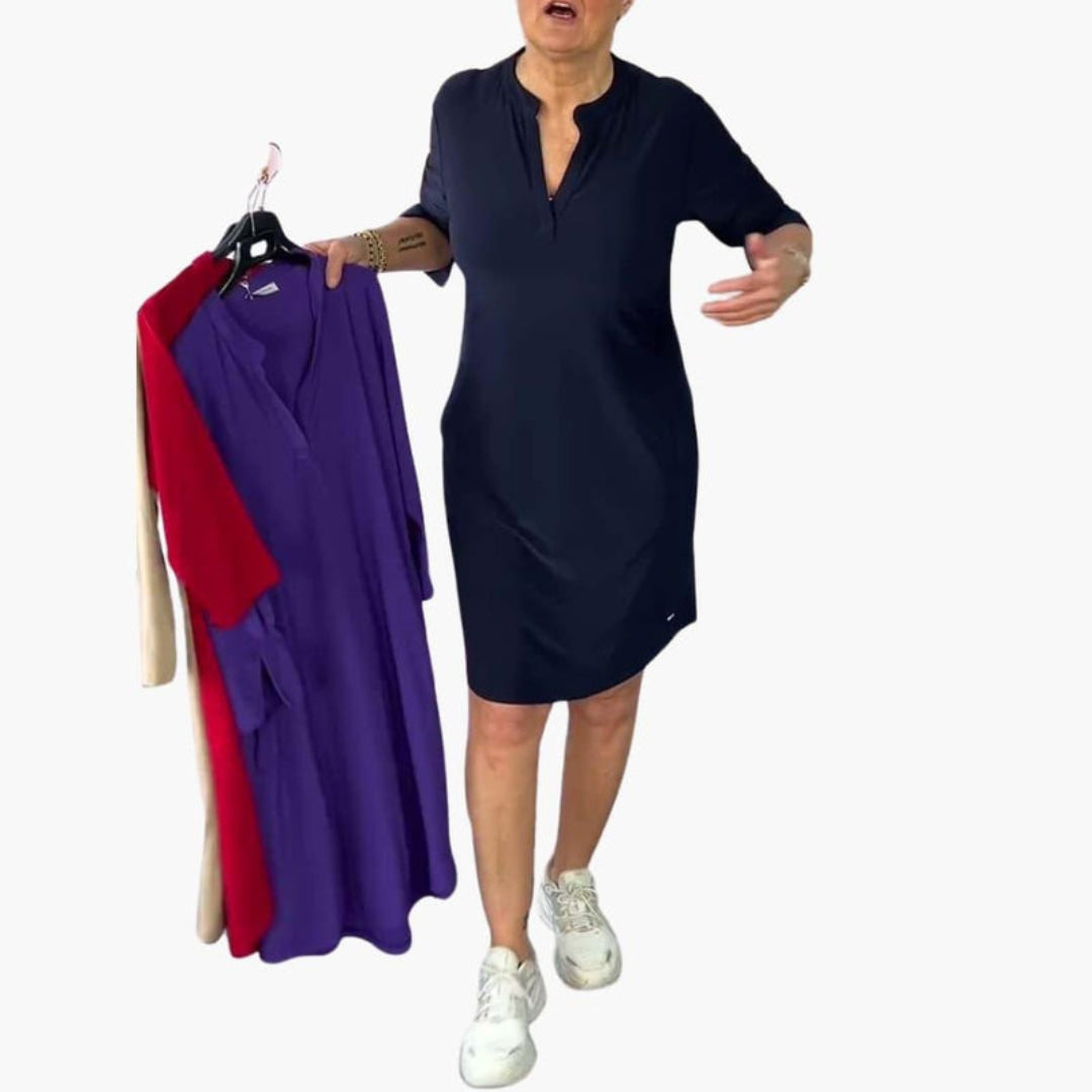Women's Dress with V-Neck, Pockets, and Short Sleeves