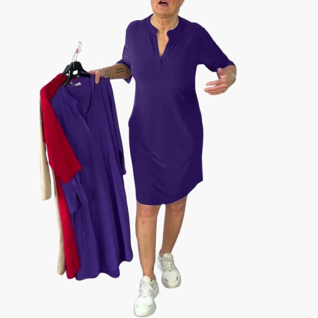 Women's Dress with V-Neck, Pockets, and Short Sleeves