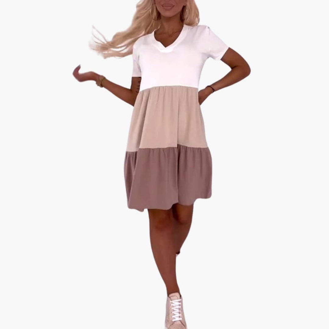 Vestito Donna a Blocchi di Colore con Maniche Corte e Tasche