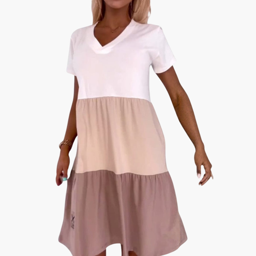 Vestito Donna a Blocchi di Colore con Maniche Corte e Tasche