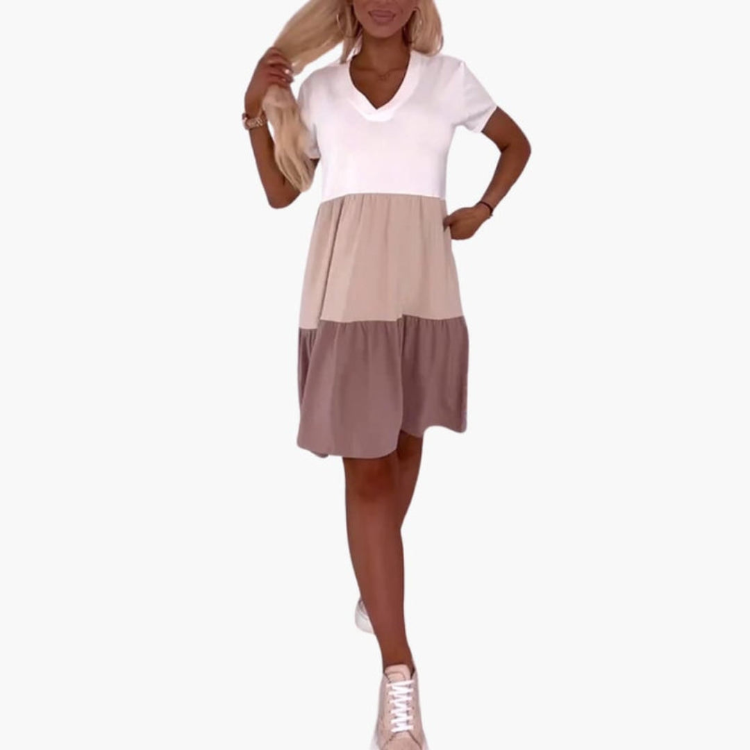 Vestito Donna a Blocchi di Colore con Maniche Corte e Tasche