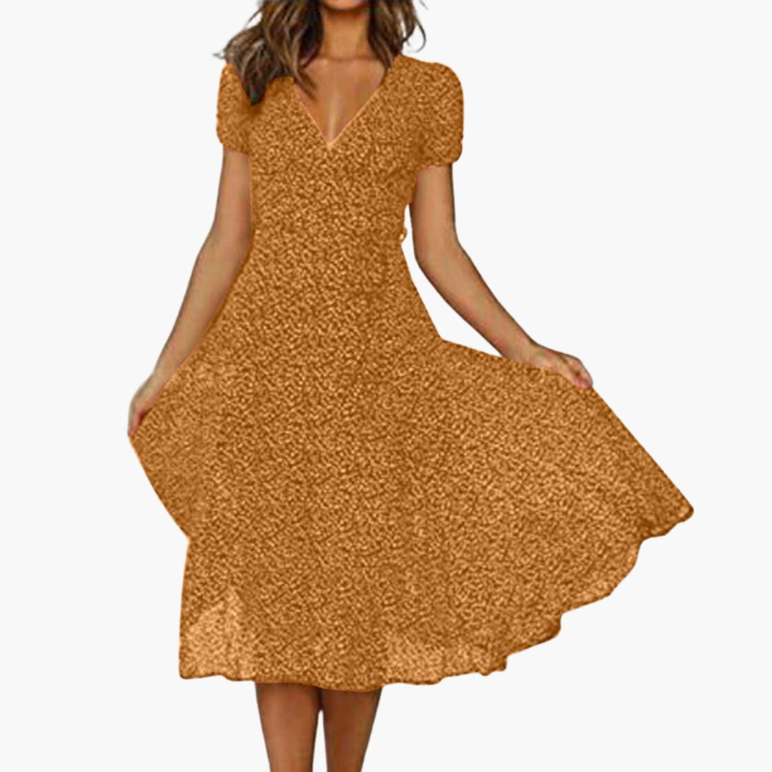 Vestido Mujer Corte Acampanado Cuello en V con Dobladillo Fluido