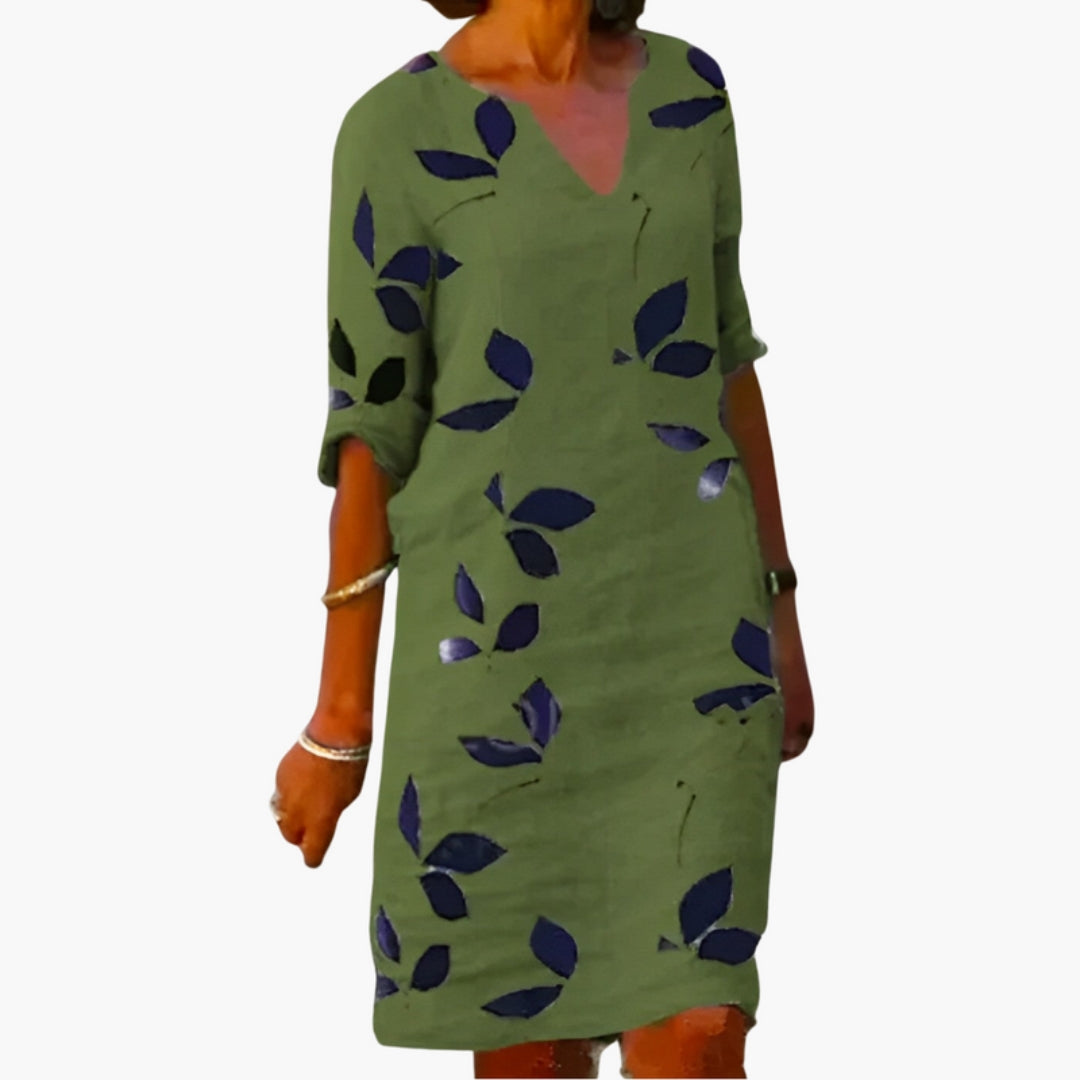 Robe Femme avec Col en V et Imprimé Feuilles