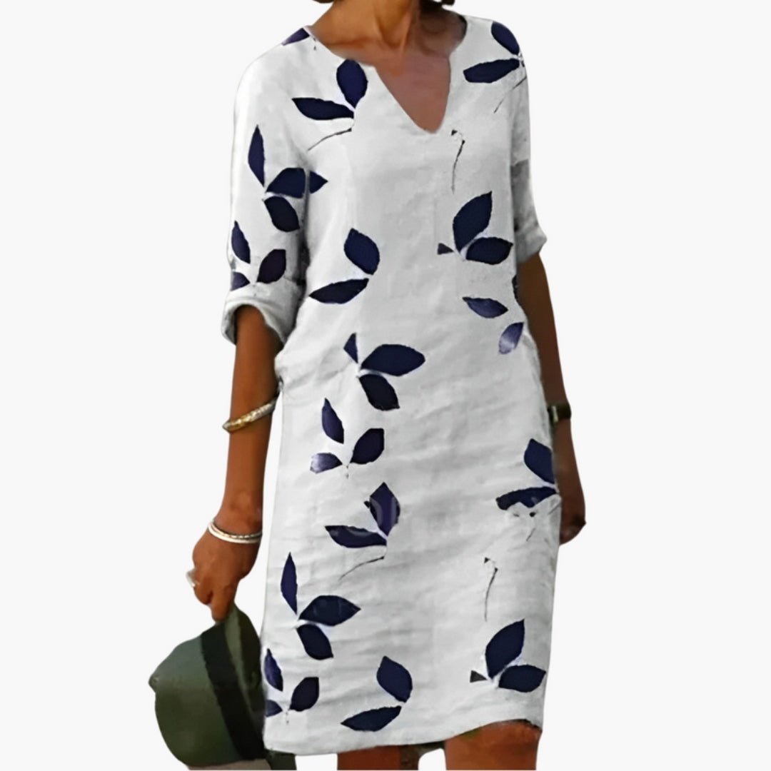 Robe Femme avec Col en V et Imprimé Feuilles