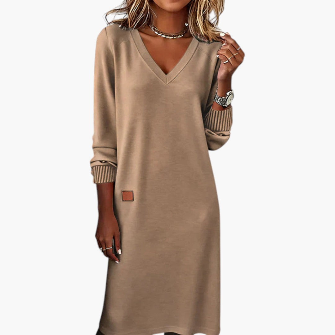 Women's Dress with V-Neck and Long Sleeves
