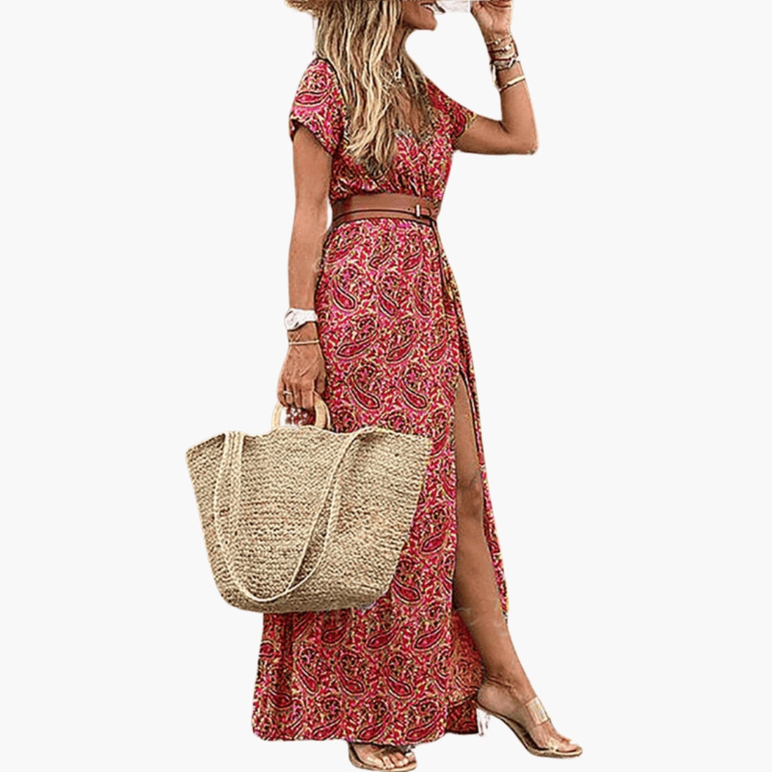 Robe Longue Femme Col V avec Motif Cachemire