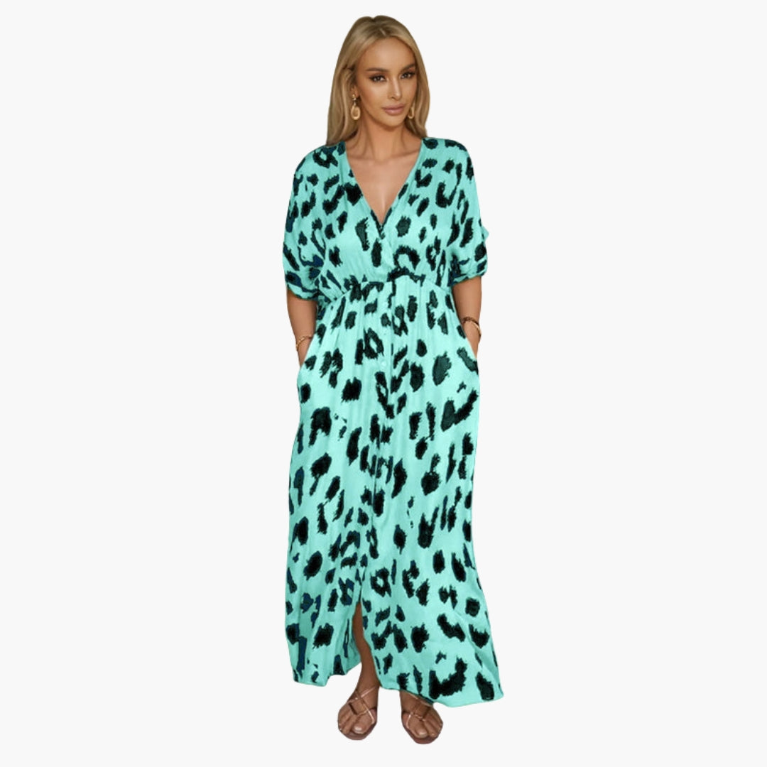 Abito lungo donna con scollo a V e stampa leopardo