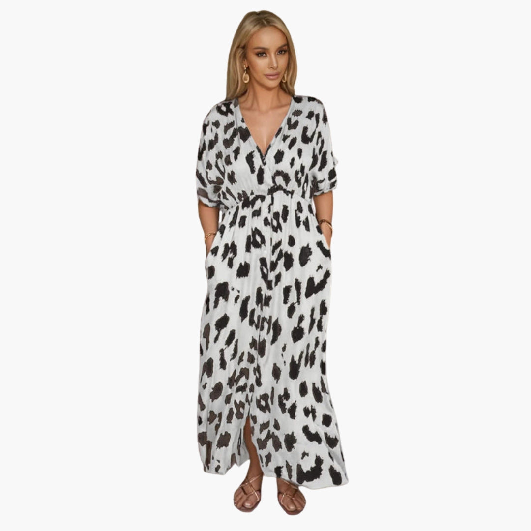 Abito lungo donna con scollo a V e stampa leopardo