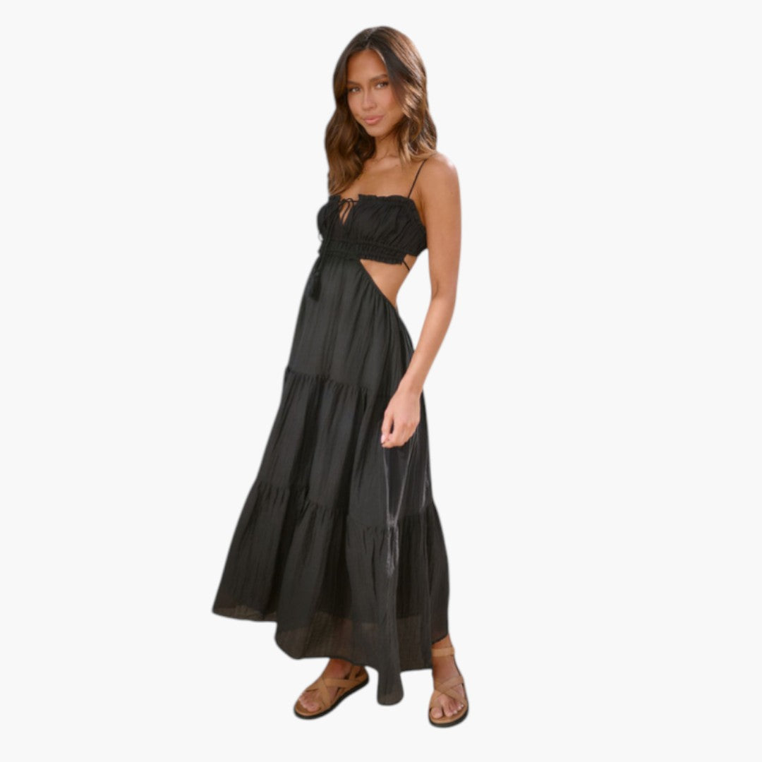 Abito lungo da donna con spalline e gonna a balze sovrapposte