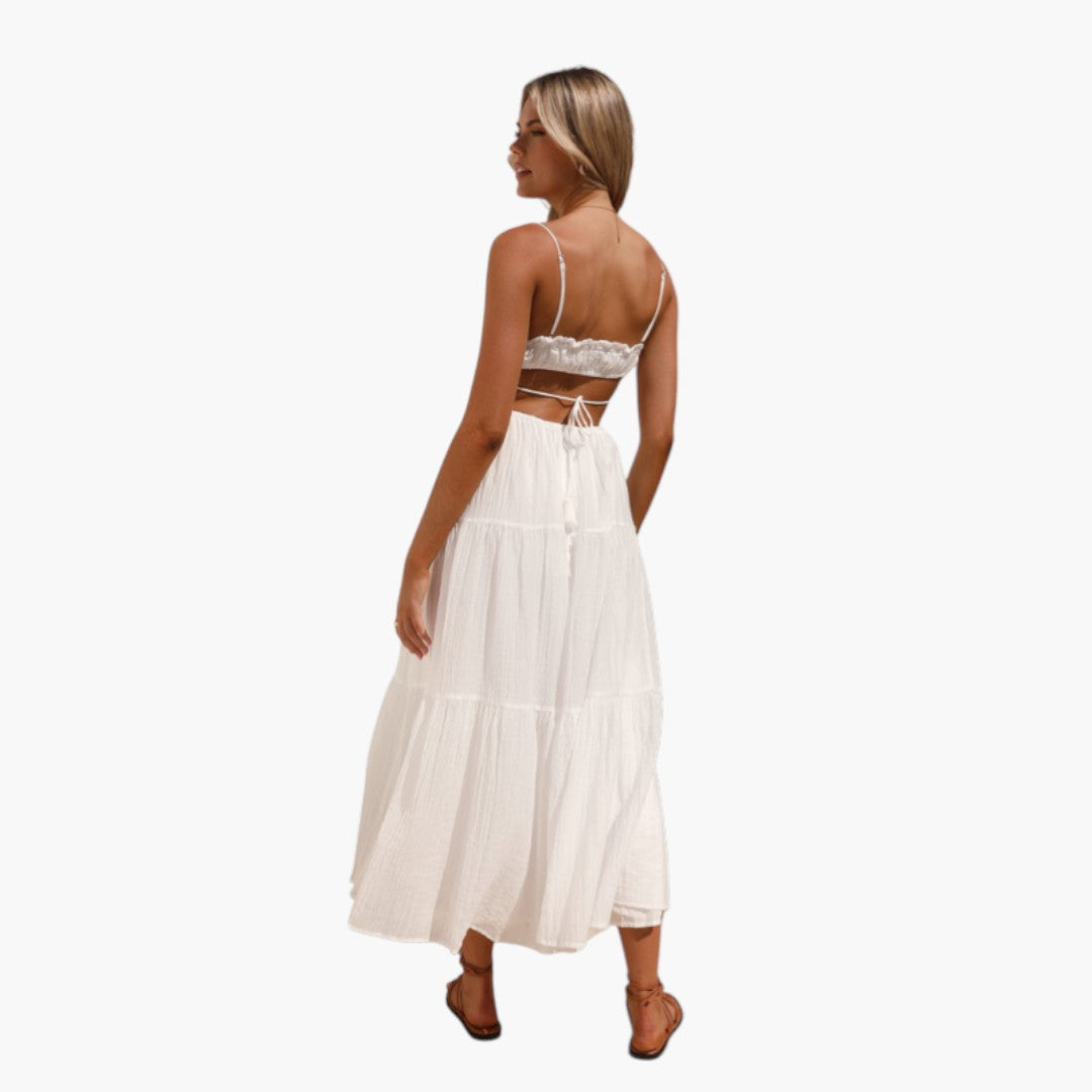 Abito lungo da donna con spalline e gonna a balze sovrapposte