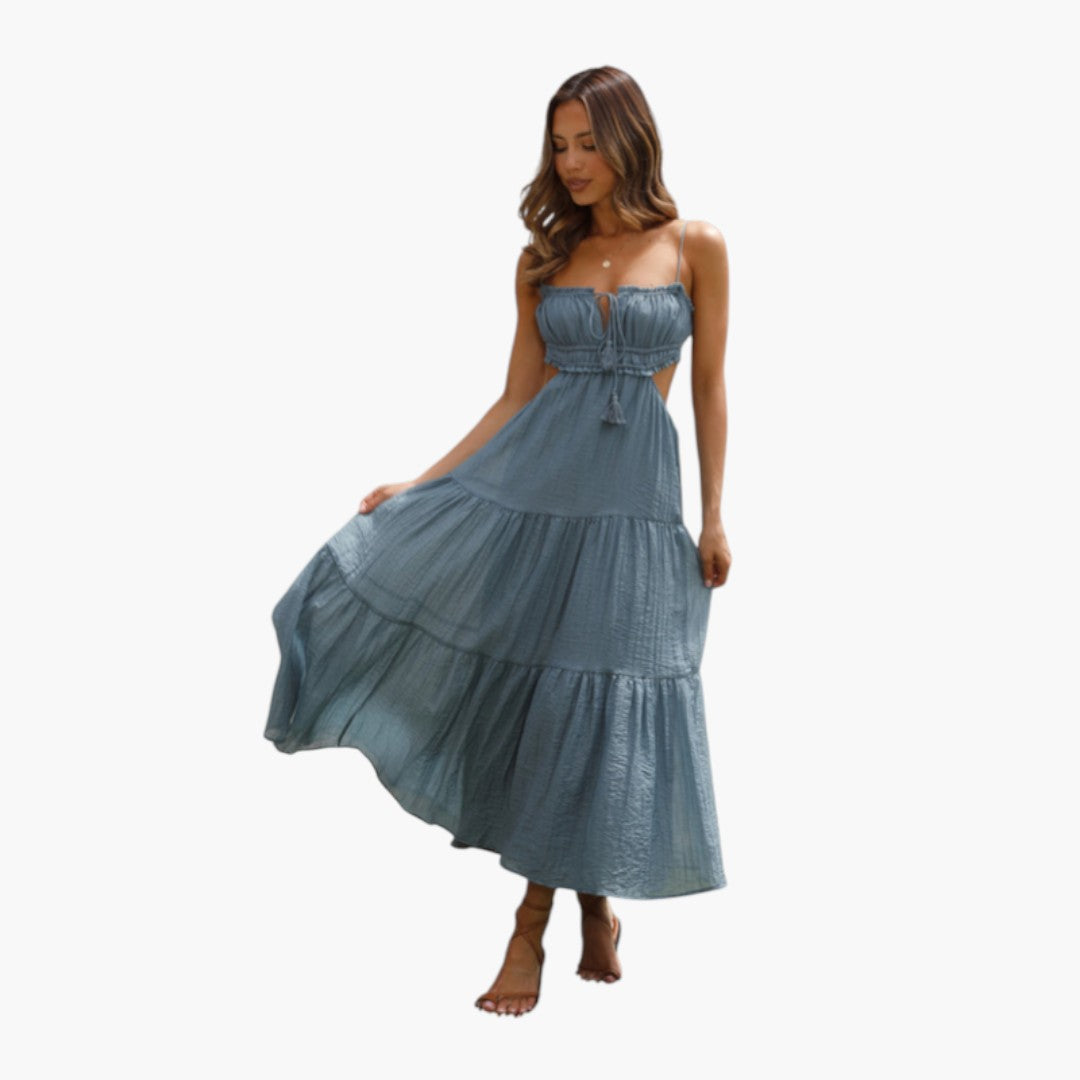 Abito lungo da donna con spalline e gonna a balze sovrapposte