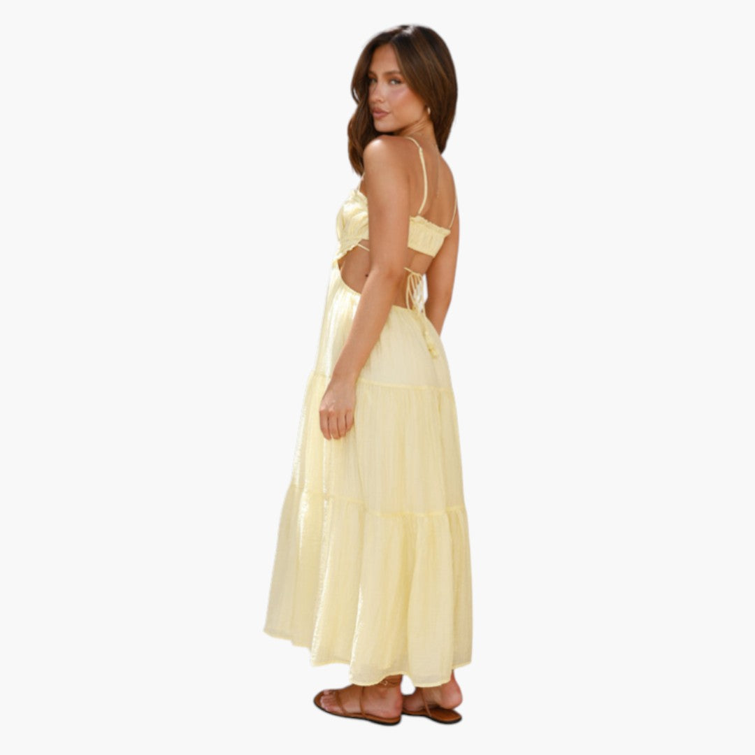 Abito lungo da donna con spalline e gonna a balze sovrapposte