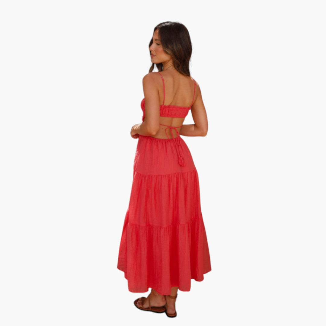 Abito lungo da donna con spalline e gonna a balze sovrapposte
