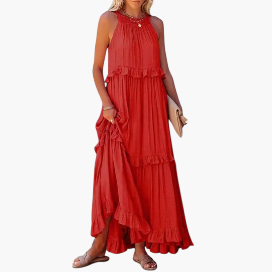 Abito lungo da donna con scollo rotondo e balze a strati