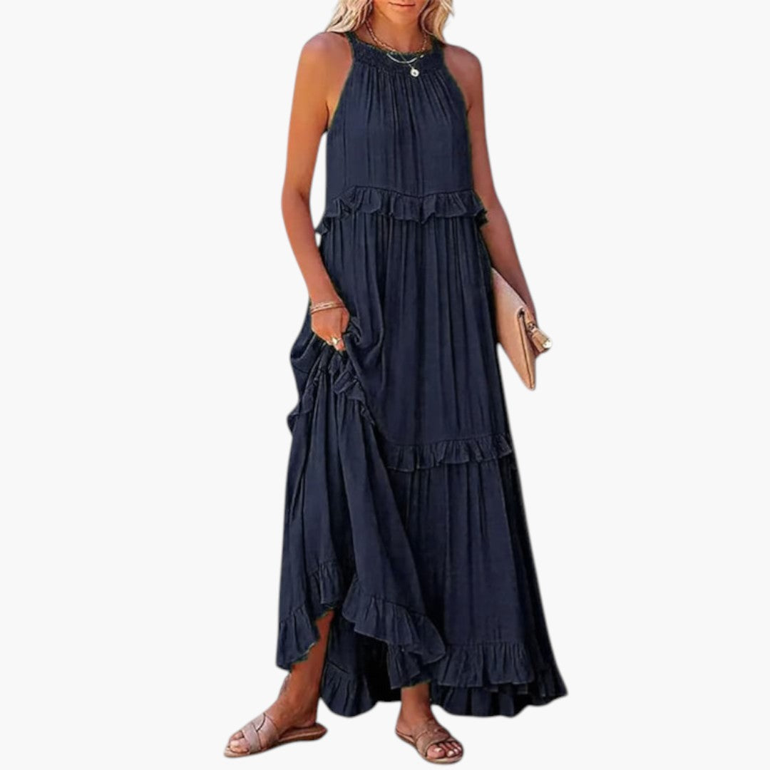 Abito lungo da donna con scollo rotondo e balze a strati