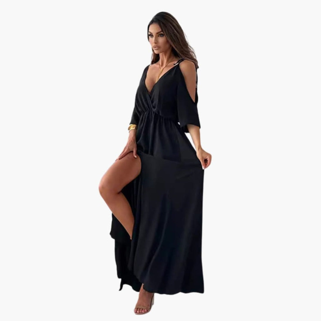 Abito lungo donna con scollo a V e spacco laterale