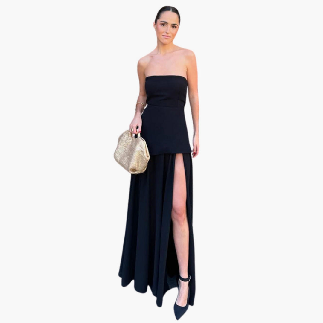 Vestido Comprido Mulher com Decote e Fenda Lateral