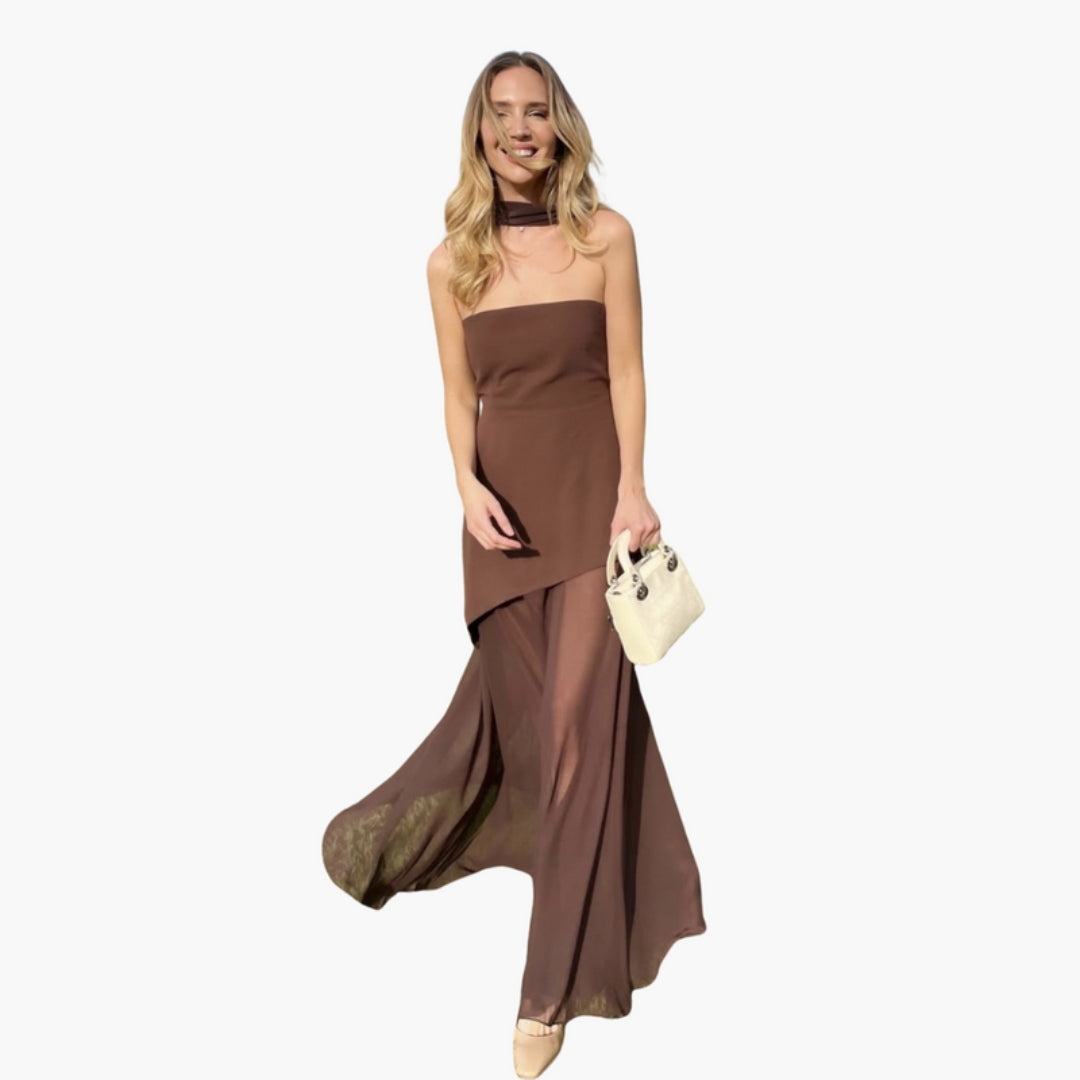 Vestido Comprido Mulher com Decote e Fenda Lateral