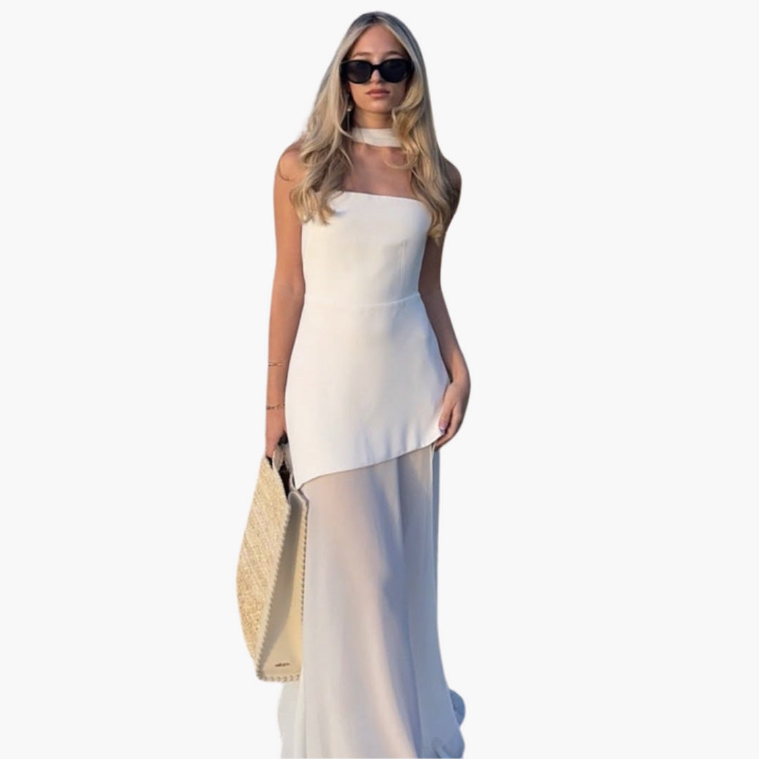 Vestido Comprido Mulher com Decote e Fenda Lateral