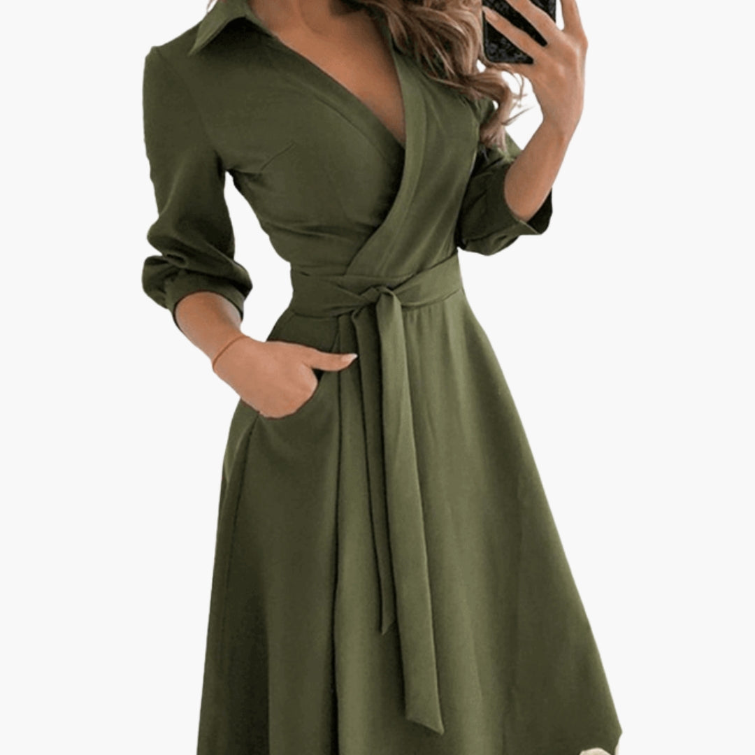 Women's Mid-Length Dress with Flared Cut and Turn-Down Collar