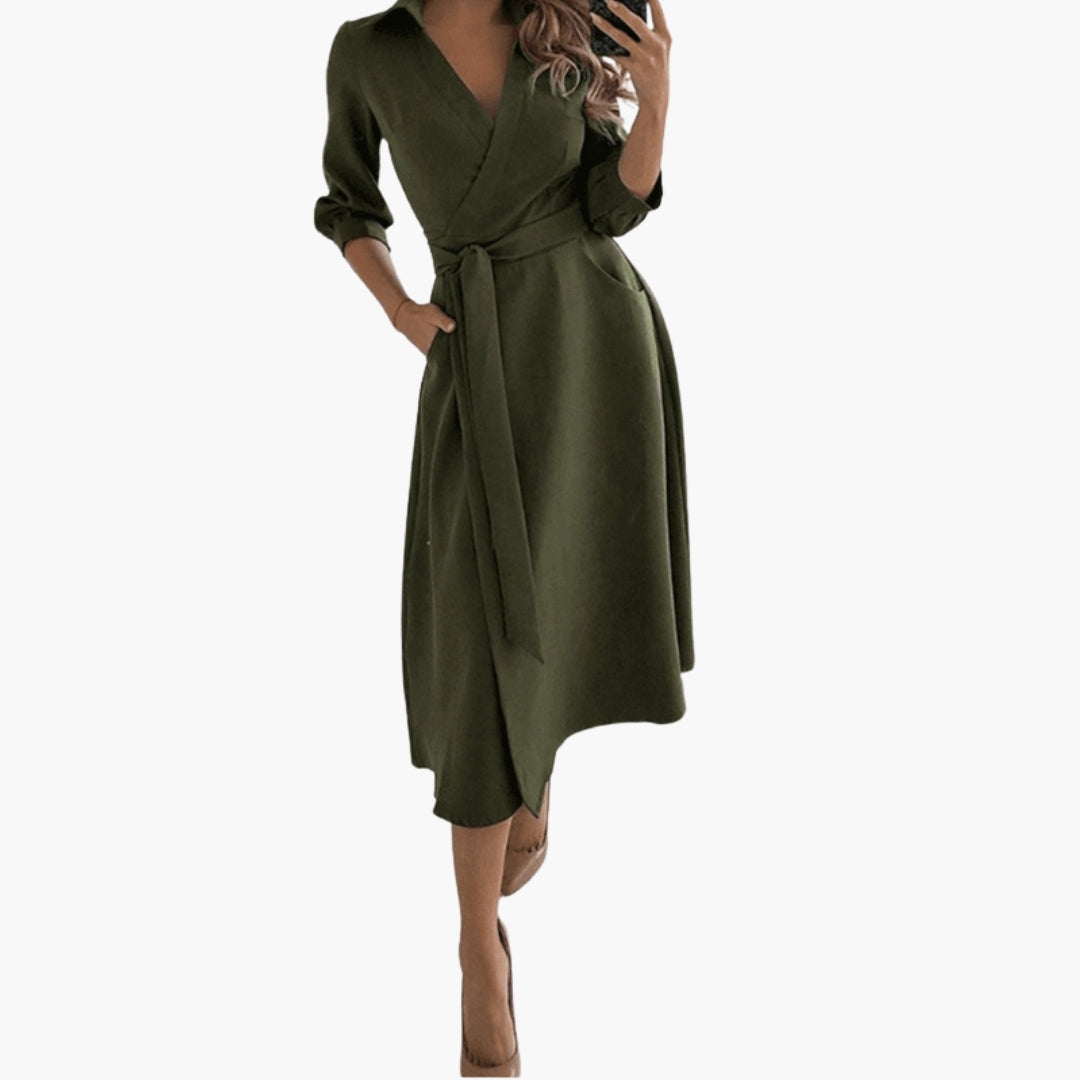 Women's Mid-Length Dress with Flared Cut and Turn-Down Collar