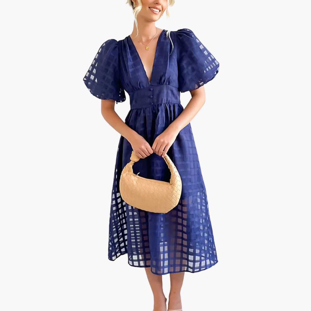 Midi Dress for Women with Checkered Pattern and Puff Sleeves