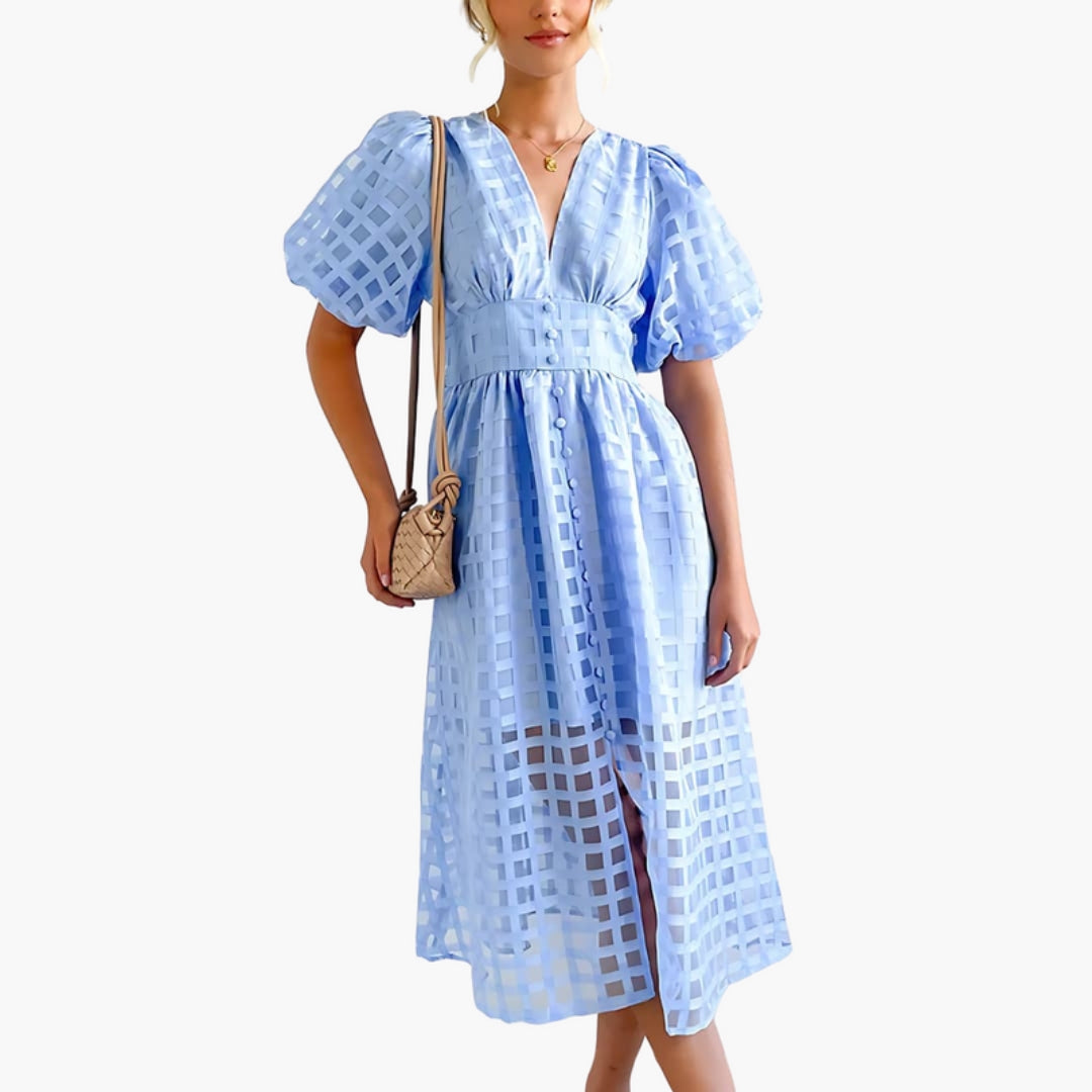 Midi Dress for Women with Checkered Pattern and Puff Sleeves
