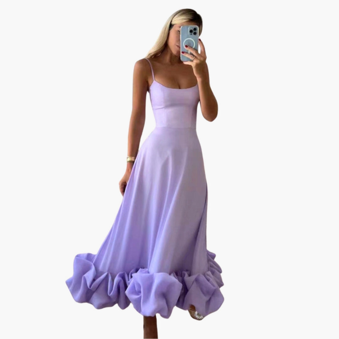 Vestito Midi Donna con Spalline Sottili e Orlo a Balze