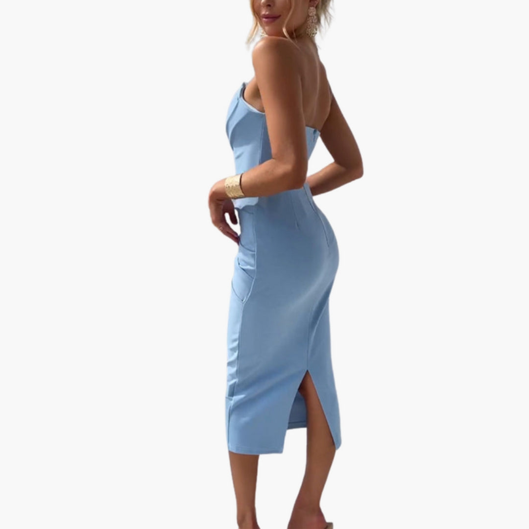Vestito Midi Donna con Spalline Sottili e Orlo a Balze