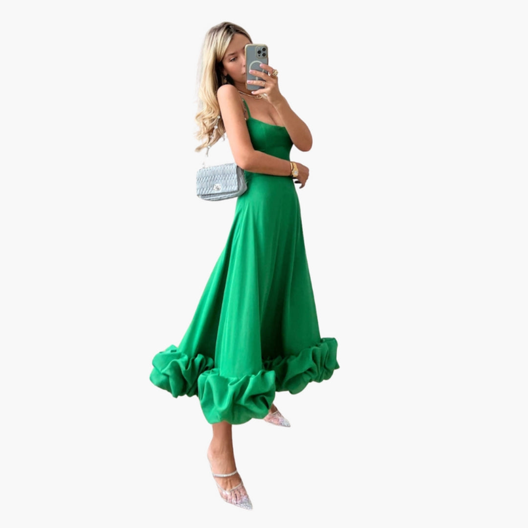 Vestito Midi Donna con Spalline Sottili e Orlo a Balze