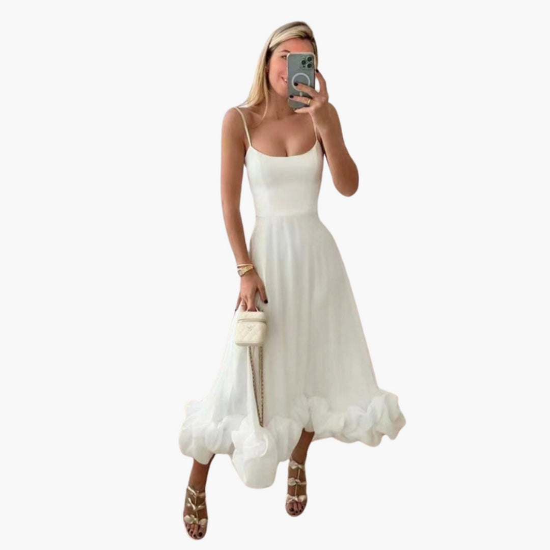 Vestito Midi Donna con Spalline Sottili e Orlo a Balze