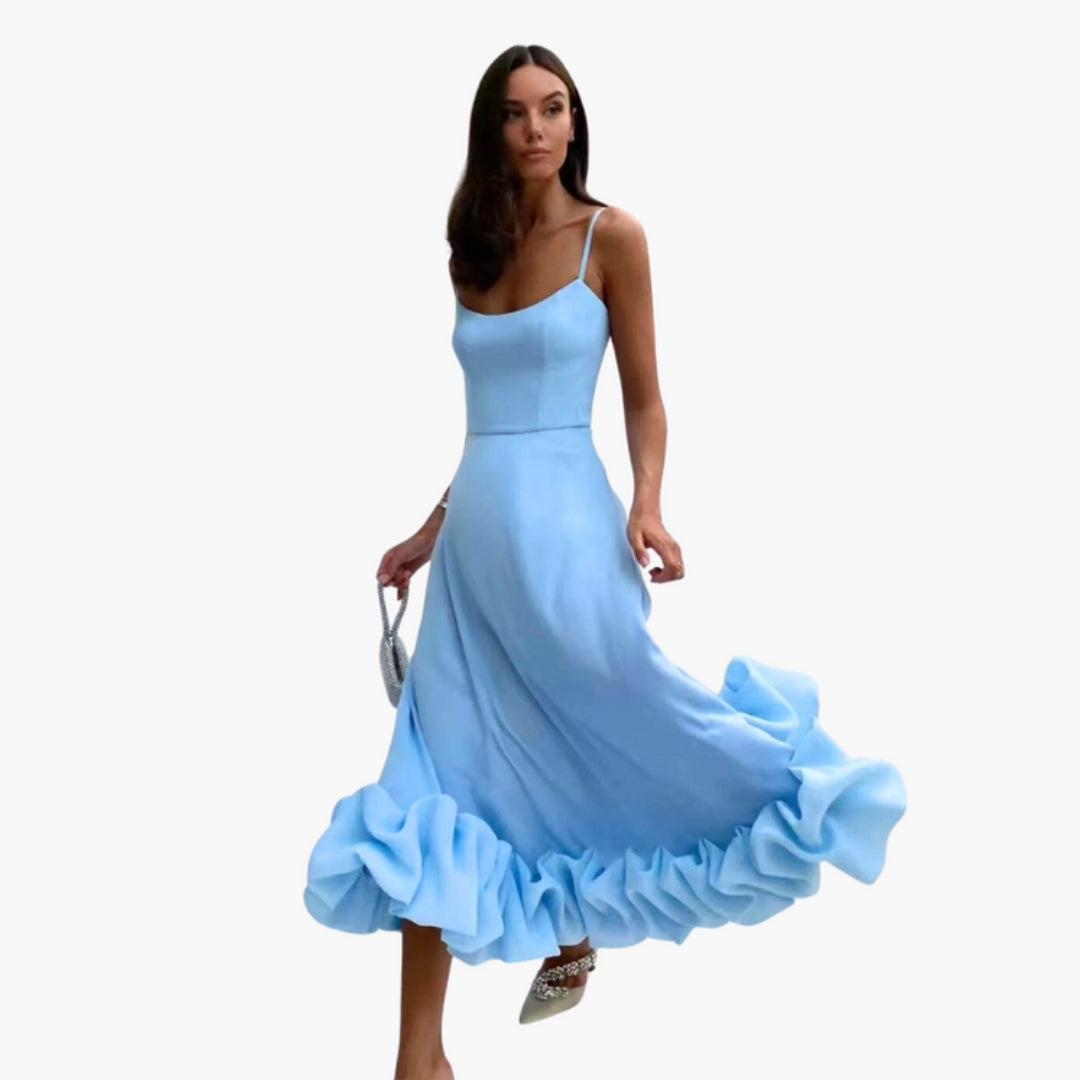 Vestito Midi Donna con Spalline Sottili e Orlo a Balze