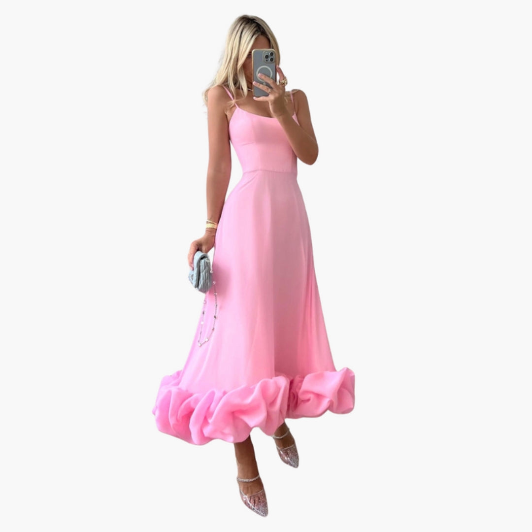Vestito Midi Donna con Spalline Sottili e Orlo a Balze
