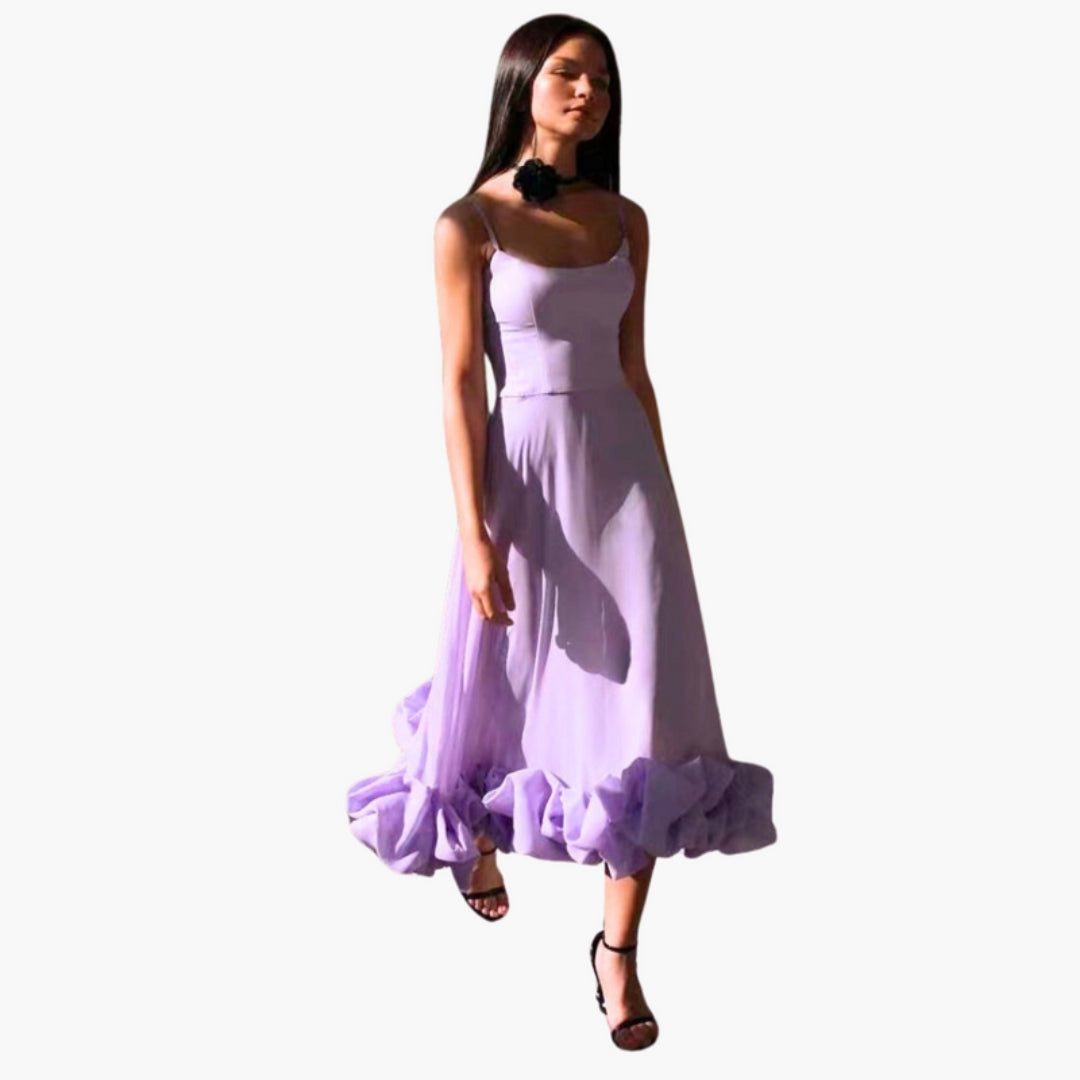Vestito Midi Donna con Spalline Sottili e Orlo a Balze