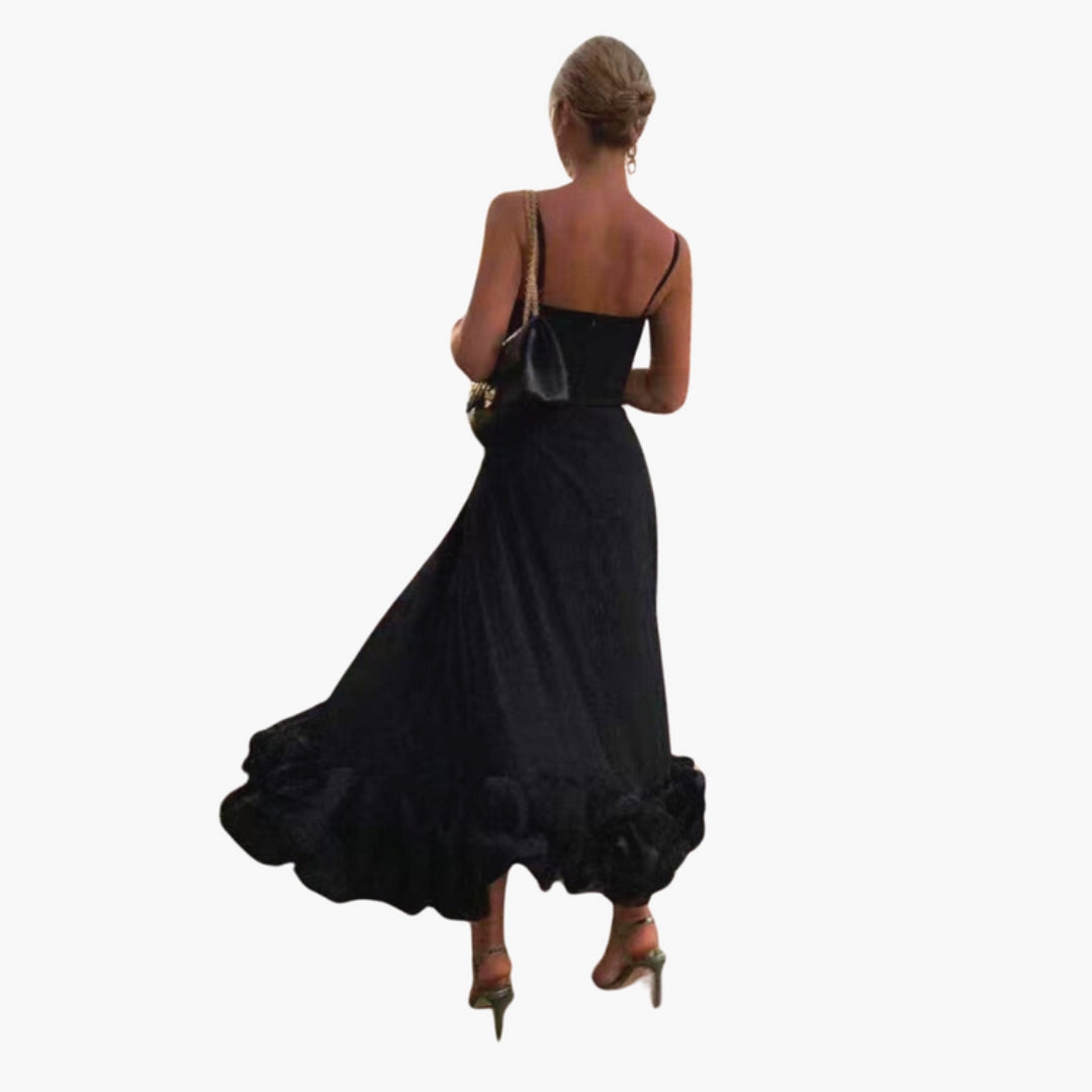 Vestito Midi Donna con Spalline Sottili e Orlo a Balze