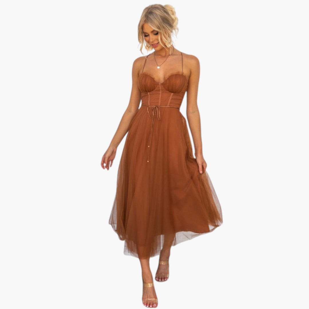 Abito midi donna con spalline sottili e gonna in tulle