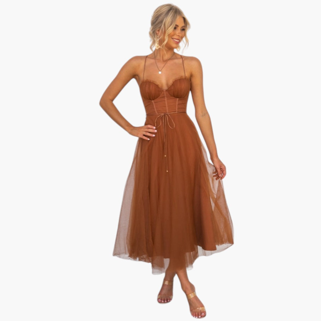 Abito midi donna con spalline sottili e gonna in tulle