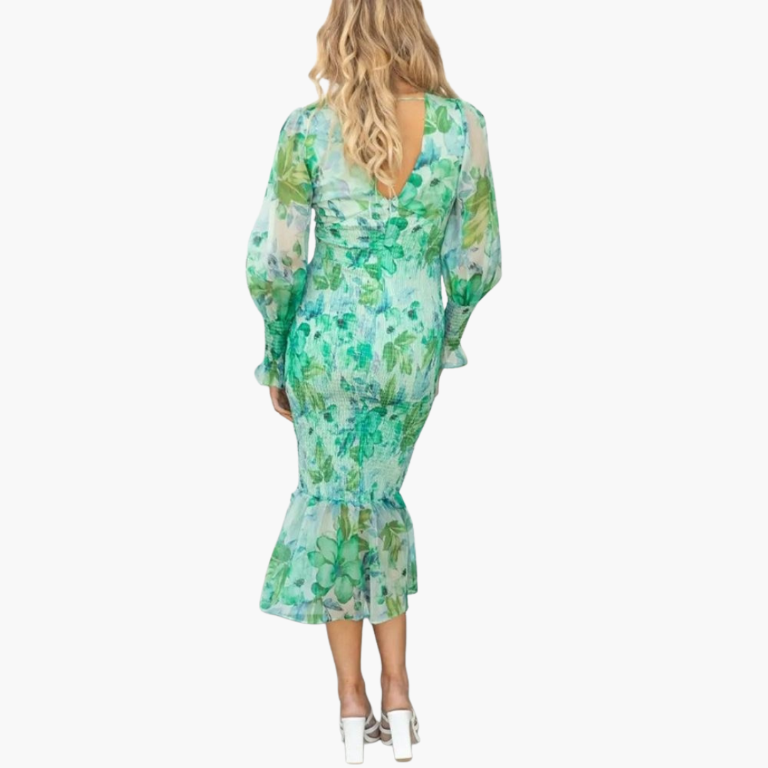 Abito Midi Donna a Motivo Floreale con Maniche a Sbuffo