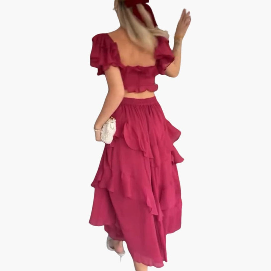 Abito Midi Donna con Volant e Schiena Scoperta