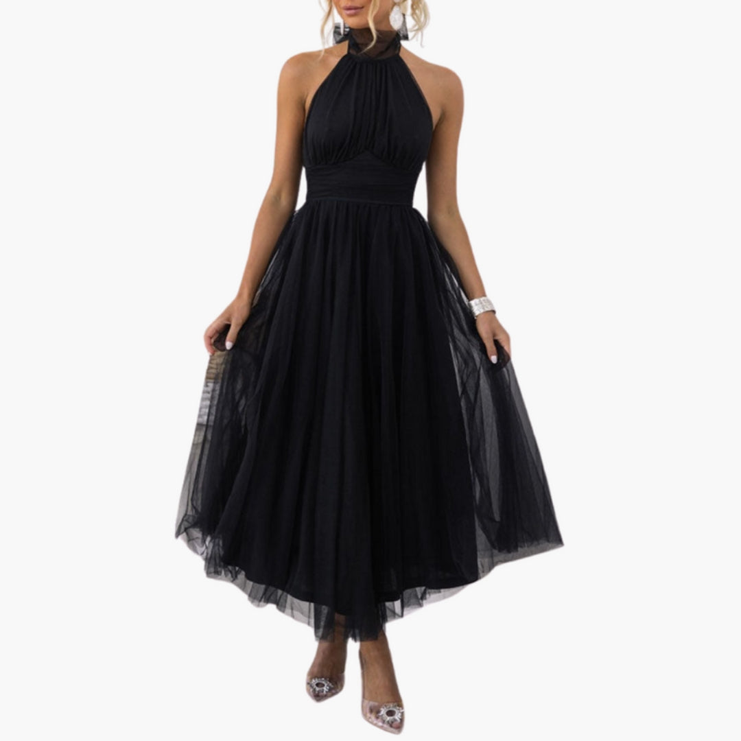 Robe Midi Femme avec Col Licou et Jupe Évasée